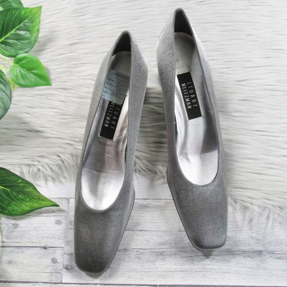 STUART WEITZMAN  Pewter Metallic Satin Square Toe Pump Heel Size 8.5 Narrow